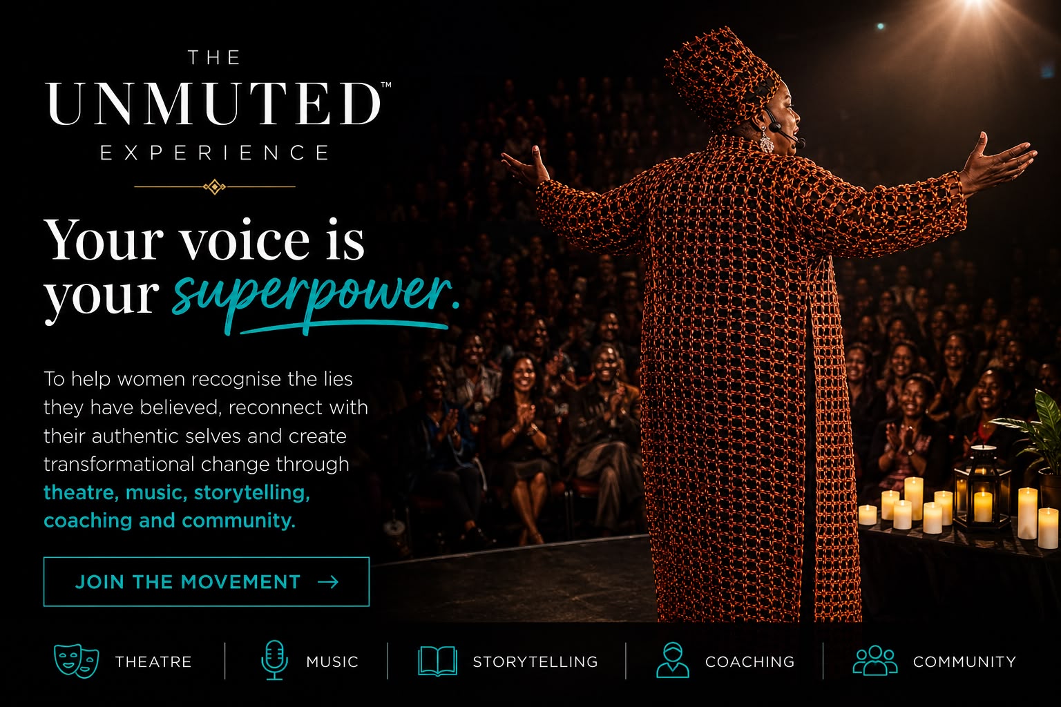 this image has a picture of Yvonne Michele performing in Caught you in a lie and explain what is involved with the unmuted experience - her flagship coaching programme